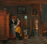 pieter-de-hooch-1663-interiör-med-kvinnor-vid-ett-linneskåp-konst-tryck-konst-reproduktion-väggkonst-id-akzhbkqmy