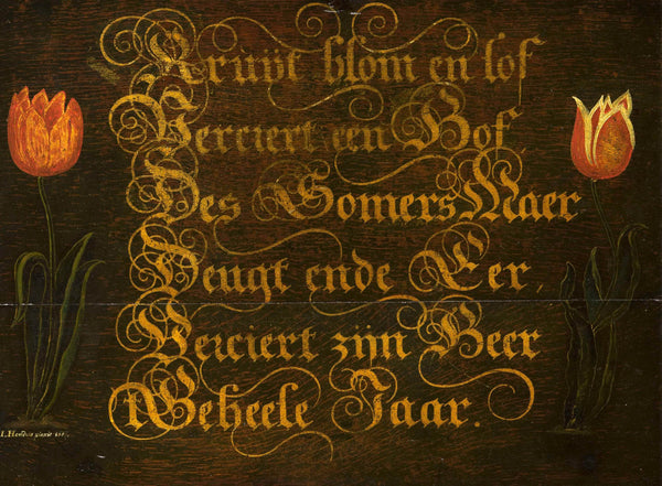 isaac-hondius-1667-calligraphed-saying-flanked-by-two-tulips-art-print-fine-art-reproduction-wall-art-id-al0wisg3h