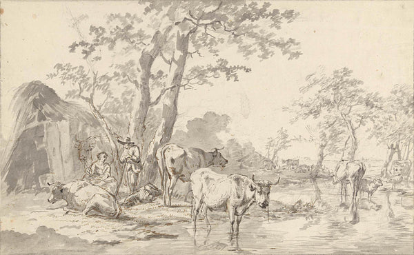 unknown-1766-shepherd-with-his-wife-and-child-with-cattle-under-trees-in-water-art-print-fine-art-reproduction-wall-art-id-al3qm9ojt