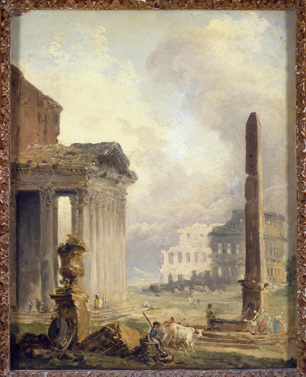 hubert-robert-1765-roman-ruins-the-forum-with-the-colosseum-and-the-obelisk-art-print-fine-art-reproduction-wall-art