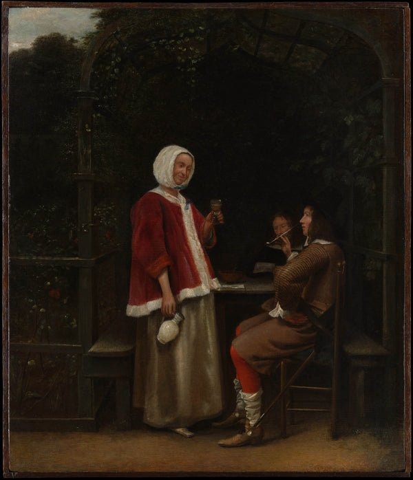 pieter-de-hooch-1657-a-woman-and-two-men-in-an-arbor-art-print-fine-art-reproduction-wall-art-id-alf4s1qi5