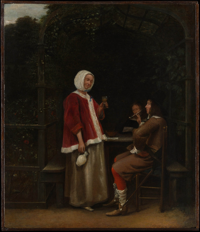 pieter-de-hooch-1657-a-woman-and-two-men-in-an-arbor-art-print-fine-art-reproduction-wall-art-id-alf4s1qi5