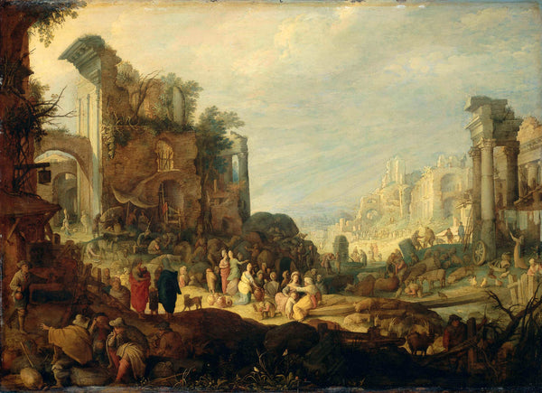 unknown-1600-landscape-with-roman-ruins-and-the-meeting-of-rebecca-art-print-fine-art-reproduction-wall-art-id-alnoxj6jo
