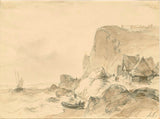 andreas-schelfhout-1797-skalnata obala-z desno-hišo-nekaj čolnov-na-morju-art-print-fine-art-reproduction-wall-art-id-altks45lf