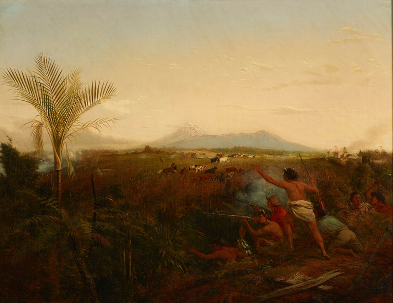 william-strutt-1861-view-of-mt-egmont-taranaki-new-zealand-taken-from-new-plymouth-with-maoris-driving-off-settlers-cattle-art-print-fine-art-reproduction-wall-art-id-alwb8mbyv