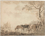 jacob-van-strij-1766-landskap-med-kor-på-en-flod-med-fartyg-konst-tryck-fin-konst-reproduktion-väggkonst-id-am7smdcpw
