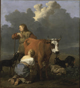 karel-dujardin-1657-农民女孩挤奶牛的艺术印刷精美的艺术复制品墙壁艺术idamirugaw0