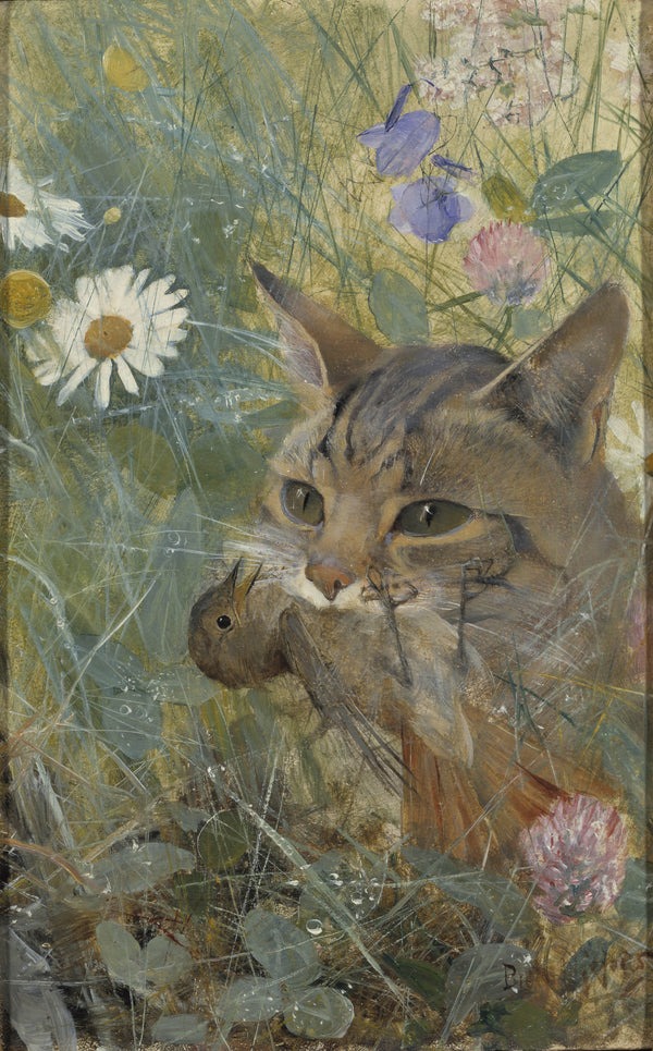 bruno-liljefors-1885-a-cat-with-a-young-bird-in-its-mouth-five-studies-in-one-frame-nm-2223-2227-art-print-fine-art-reproduction-wall-art-id-amwab06b2