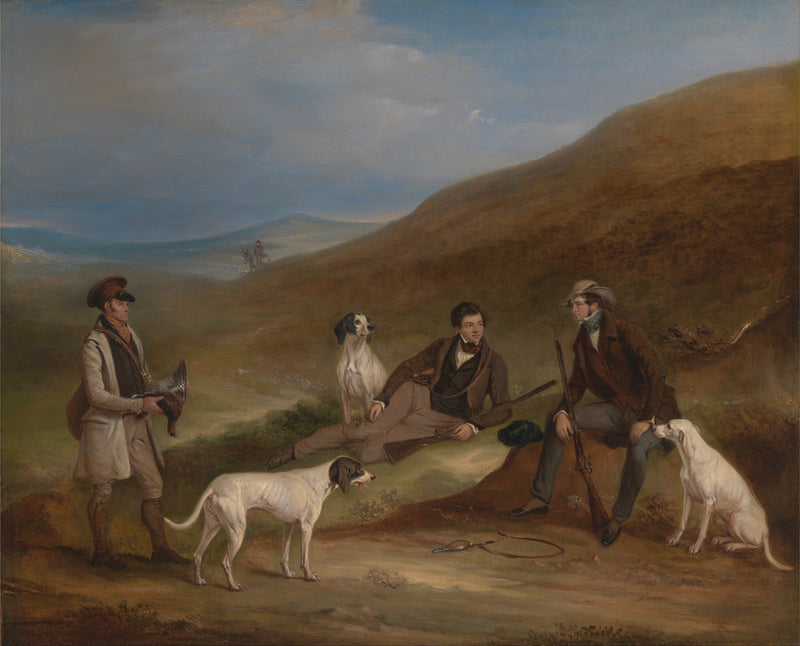 john-ferneley-1836-edward-horner-reynard-and-his-brother-george-grouse-shooting-at-middlesmoor-yorkshire-with-their-gamekeeper-tully-lamb-art-print-fine-art-reproduction-wall-art-id-anqosqj5i