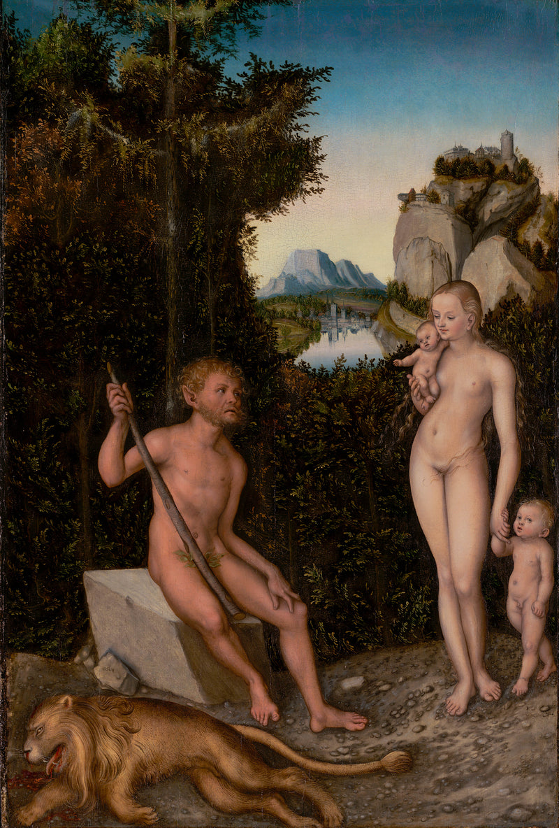 lucas-cranach-the-elder-1526-a-faun-and-his-family-with-a-slain-lion-art-print-fine-art-reproduction-wall-art-id-anvg880ky
