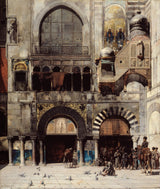 阿尔贝托·帕西尼（Alberto-pasini）1880年，切尔克斯骑兵正在等待他们的指挥官在东​​方艺术打印精细的艺术复制品的拜占庭式纪念碑的门上墙壁艺术编号安那扎兹
