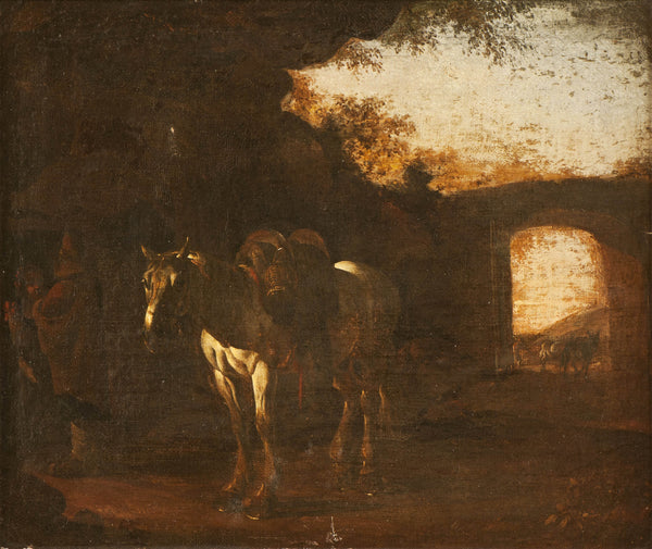 michelangelo-cerquozzi-landscape-with-ruins-and-a-saddled-white-horse-art-print-fine-art-reproduction-wall-art-id-ao26z37ij