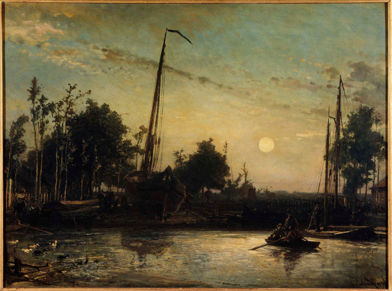 johan-barthold-jongkind-1857-boat-building-canal-side-dutch-landscape-art-print-fine-art-reproduction-wall-art