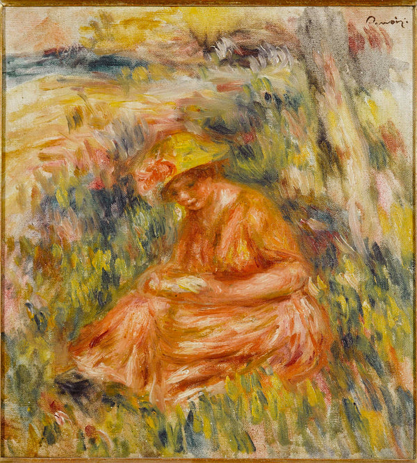 auguste-renoir-1917-woman-reading-in-a-landscape-art-print-fine-art-reproduction-wall-art