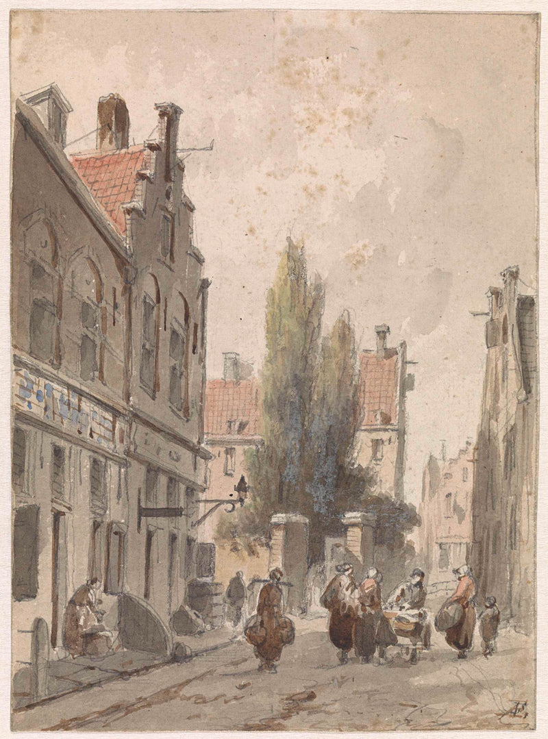 adrianus-eversen-1828-cityscape-with-a-peddler-art-print-fine-art-reproduction-wall-art-id-aoatjgs49