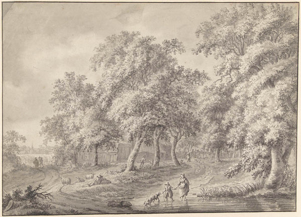 unknown-1752-landscape-with-mother-and-child-with-dog-wading-through-a-puddle-art-print-fine-art-reproduction-wall-art-id-aob1vw91b