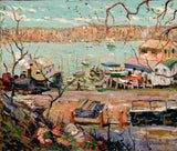 Ernest-Lawson-1910-rivier-scène-boten-en-huizen-art-print-fine-art-reproductie-wall-art-id-aobuk6fic