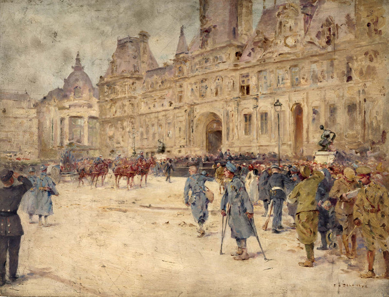 ernest-jean-delahaye-1916-the-mutilated-attend-the-funeral-of-general-gallieni-on-the-place-de-lhotel-de-ville-1-june-1916-art-print-fine-art-reproduction-wall-art