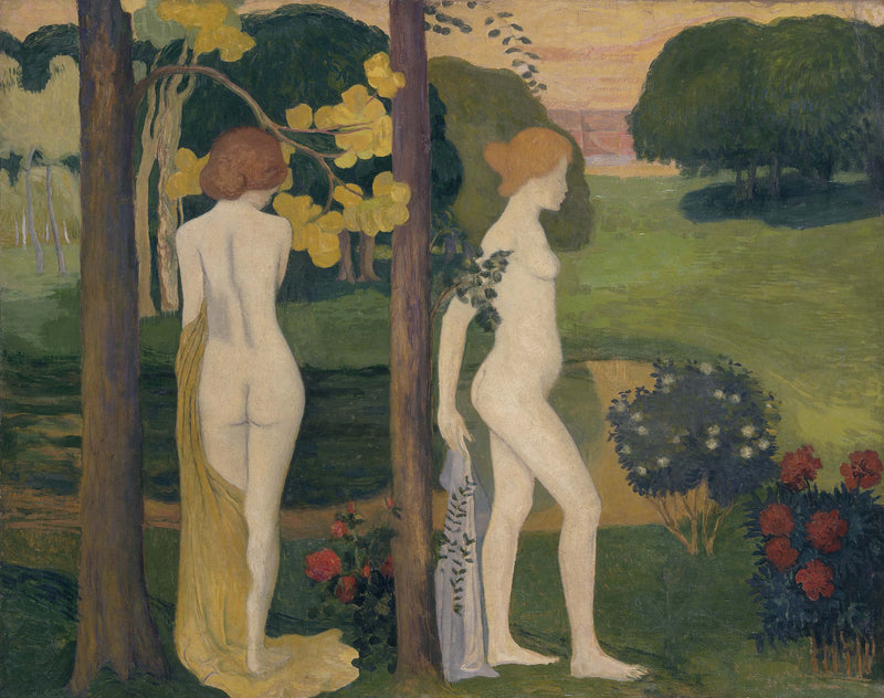 aristide-maillol-1890-two-nudes-in-a-landscape-front-two-women-in-hat-and-landscape-study-back-art-print-fine-art-reproduction-wall-art