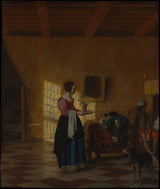 pieter-de-hooch-1667-kvinna-med-en-vattenkanna-och-en-man-vid-en-säng-konsttryck-finkonst-reproduktion-väggkonst-id-ap40npf9p
