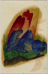 Franz-Marc-1913-two-modro-kone-proti-červeno-skaly-pohľadnicu-z-Sindelsdorf-to-Wassily Kandinsky - in-Mníchov-art-print-fine-art-reprodukčnej-wall-art-ID- ap78e1qoq