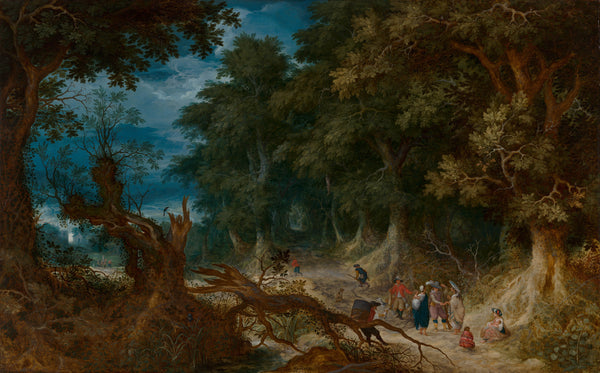 abraham-govaerts-1612-wooded-landscape-with-hunters-and-fortune-teller-art-print-fine-art-reproduction-wall-art-id-apcvohkkp