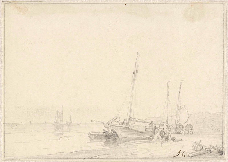 andreas-schelfhout-1797-coastal-view-with-a-few-boats-on-the-beach-art-print-fine-art-reproduction-wall-art-id-apthzxh9j