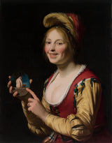 gerrit-van-honthorst-1625-glimlaggende-meisie-'n-hofman-hou-'n-obsene-beeld-kuns-druk-fyn-kuns-reproduksie-muurkuns-id-apu46pjro