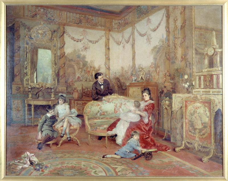 auguste-de-la-brely-1885-portrait-of-victorien-sardou-1831-1908-his-wife-and-children-in-the-large-living-room-of-their-home-in-marly-le-roi-art-print-fine-art-reproduction-wall-art