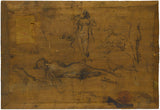 吉恩·雅克·亨纳（Jean-Jacques-Henner）1865年，一个带着蓝色缎带的女孩，前五个裸体研究，一个孔雀和一个侧面头部，背部，艺术印刷，精美的艺术复制品，墙上艺术