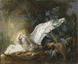 jean-baptiste-oudry-1740-water-spaniel-surpriing-a-swan-on-its-nest-art-print-fine-art-reproduction-wall-art-id-aq6kzd1ou