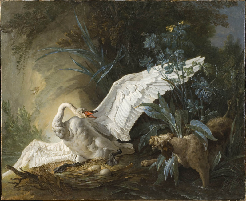 jean-baptiste-oudry-1740-water-spaniel-surprising-a-swan-on-its-nest-art-print-fine-art-reproduction-wall-art-id-aq6kzd1ou