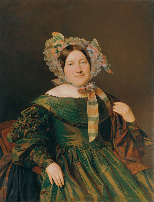ferdinand-georg-waldmuller-1837-woman-in-green-salmon-pink-iridescent-dress-art-print-fine-art-reproduction-wall-art-id-aq6qnmb81