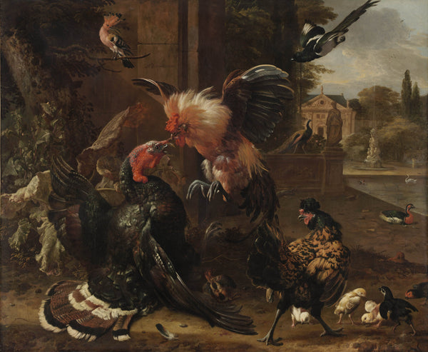 melchior-de-hondecoeter-1680-a-rooster-and-turkey-fighting-art-print-fine-art-reproduction-wall-art-id-aqjves6jw