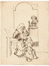 rembrandt-van-rijn-1643-drie-vroue-en-'n-kind-by-'n-deur-kunsdruk-fynkuns-reproduksie-muurkuns-id-aqyrm0trb