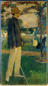 jacques-emile-blanche-1913-porträtt-av-jean-cocteau-1889-1963-författare-i-trädgården-i-offranville-konsttryck-finkonst-reproduktion-väggkonst