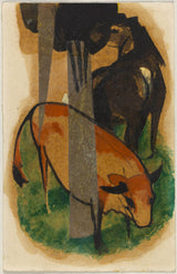 franz-marc-1913-röd-häst-och-gul-boskap-svart-och-brun-häst-och-gul-nötkött-vykort-från-sindelsdorf-alfred-kubin-i-wernstein-zwickledt-konsttryck- fine-art-reproduction-wall-art-id-ardpk19dd