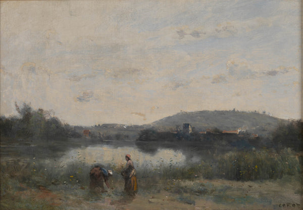 Camille Corot, 1873 - Banks of a river dominated in the distance by hills - fine art print