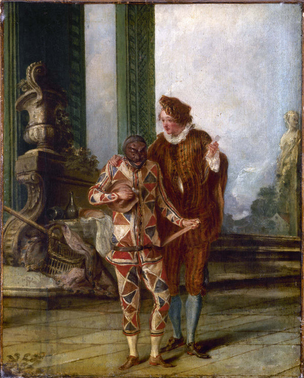 ecole-francaise-1720-scene-of-italian-comedy-harlequin-and-ricoboni-1720-art-print-fine-art-reproduction-wall-art