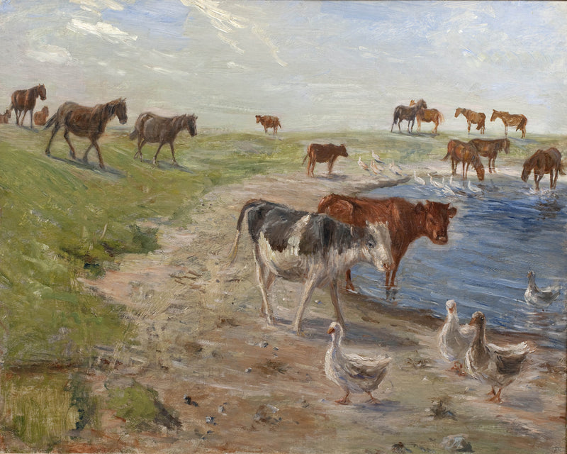 theodor-philipsen-calves-and-geese-at-a-wateringhole-on-the-island-of-saltholm-art-print-fine-art-reproduction-wall-art-id-arsngpzn5