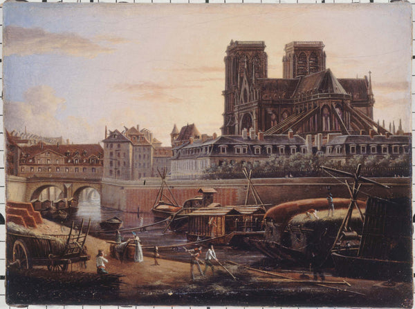 anonymous-1820-the-bridge-st-charles-hotel-dieu-the-archbishop-and-notre-dame-seen-from-the-quai-de-la-tournelle-1820-art-print-fine-art-reproduction-wall-art