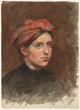 Therese-Schwartze-1861-portret-van-een-jonge-vrouw-met-een-rode-hoofddoek-kunstprint-kunst-reproductie-muurkunst-id-as9l75s32
