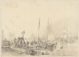 andreas-schelfhout-1797-河景，带链接，两条船上岸，在那里，艺术印刷精美的艺术复制品，墙，艺术编号，asc2w29rz