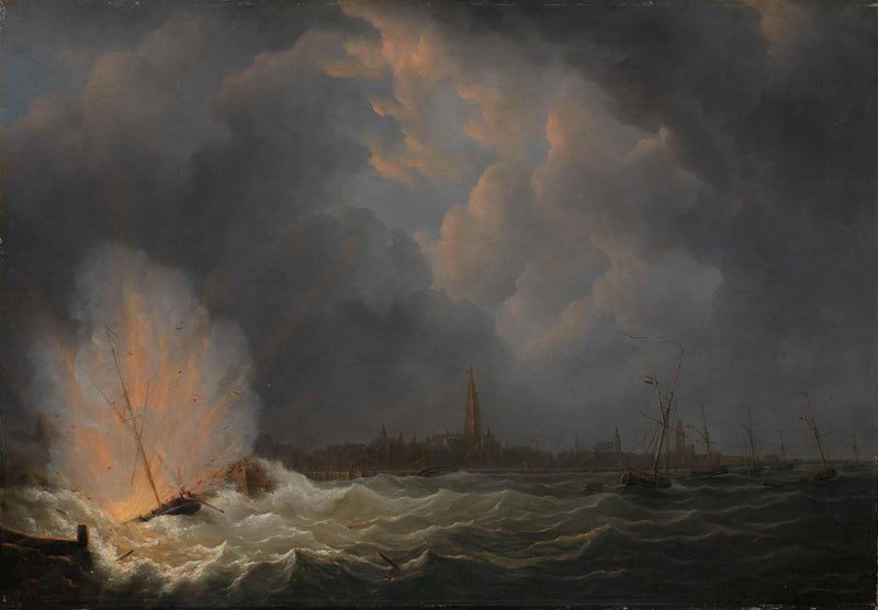 martinus-schouman-1832-explosion-at-antwerp-of-dutch-gunboat-no-2-commanded-by-art-print-fine-art-reproduction-wall-art-id-asvjc10mq