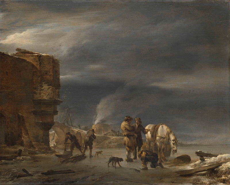 nicolaes-pietersz-berchem-1647-on-the-ice-near-a-town-art-print-fine-art-reproduction-wall-art-id-asx6q1i9u