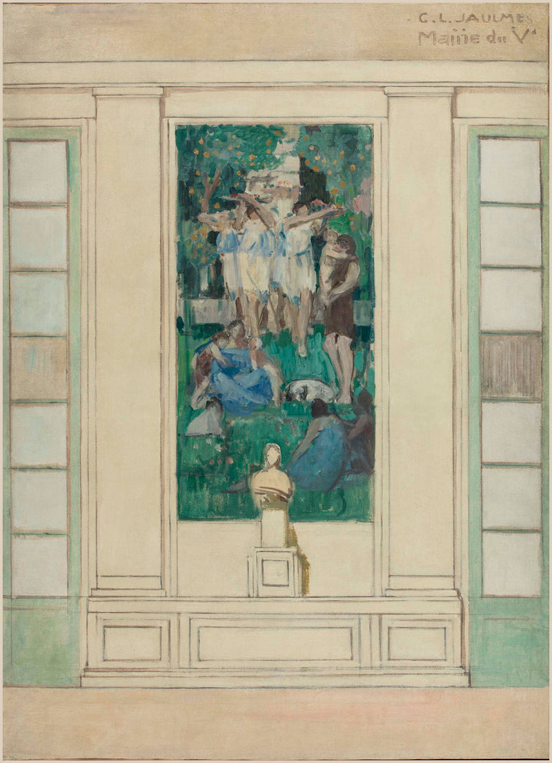 gustave-louis-jaulmes-1931-sketch-for-the-marriage-hall-of-the-5th-arrondissement-town-hall-dancing-girls-and-bust-of-marianne-art-print-fine-art-reproduction-wall-art