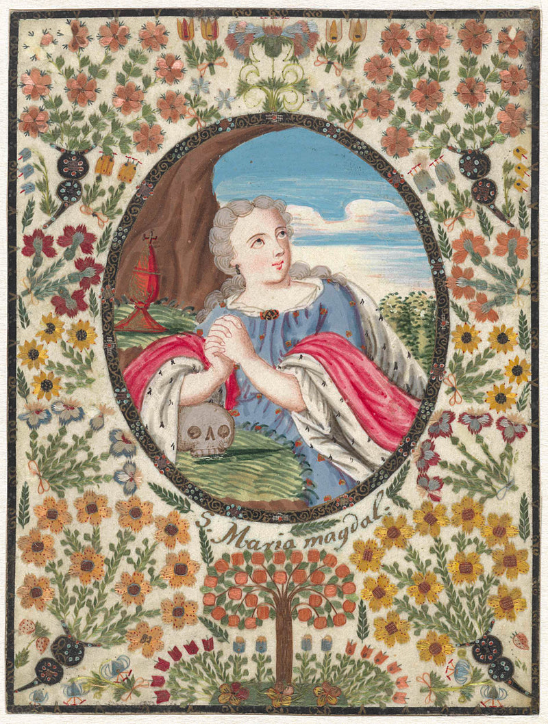 unknown-1700-mary-magdalene-in-oval-with-flower-border-round-art-print-fine-art-reproduction-wall-art-id-at7mxlw84