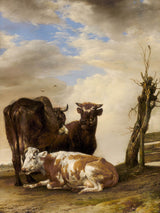 Paulus-Potter-1647-zwei-Kühe-und-ein-junger-Bull-beside-a-fence-in-a-meadow-Kunstdruck-Fine-Art-Reproduktion-Wandkunst-ID-atfdiwhs6