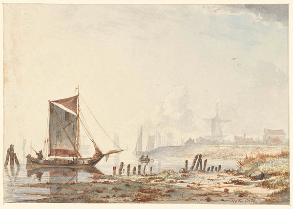 hendrik-gerrit-ten-cate-1813-ships-on-a-river-near-the-shore-art-print-fine-art-reproduction-wall-art-id-atgxbyoy8