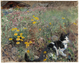 bruno-liljefors-1887-kass-lillelisel niidul-kunst-print-kaunite-kunstide-reproduktsioon-seinakunst-id-atllpfoqt